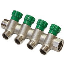 Коллектор латунный никелированныйDN 20 4 выхода G 1/2'' с запорными клапанами плоское присоединение отвода,SGL купить в Санкт-Петербурге | "Проконсим"