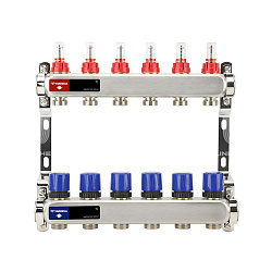  Коллекторная группа из нержавеющей стали DN 25-6 вых. G-3/4'', евроконус, с расходомерами, без дренажного крана и воздухоотводчика, VARMEGA VM15106 (930416004) со склада Проконсим в Санкт-Петербурге